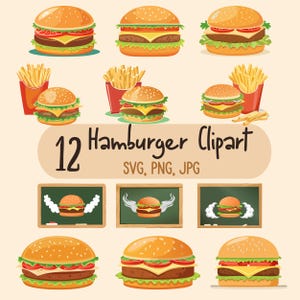 Hamburger SVG Set: French Fries, Fast Food Clipart, Burger House Wall & Menu Illustration JPG PNG Vector Graphics Clip Art Bundle Commercial