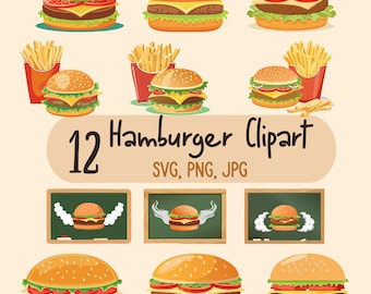 Conjunto SVG de hamburguesas: Papas fritas, imágenes prediseñadas de comida rápida, ilustración de pared y menú de hamburguesería (JPG, PNG). Paquete de imágenes prediseñadas vectoriales para uso comercial.