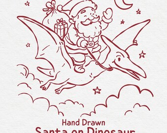 Santa en pterodáctilo SVG PNG Clipart: Divertido dinosaurio navideño para descarga digital, ilustración de boceto para Cricut, sublimación, trineo de dinosaurio