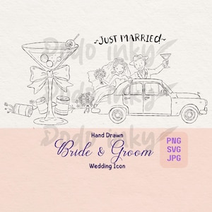 Wedding couple in the Car SVG PNG Hand Drawn Wedding Invitation Illustration Bride & Groom Cocktail Glass Whimsical Party Clipart Icon