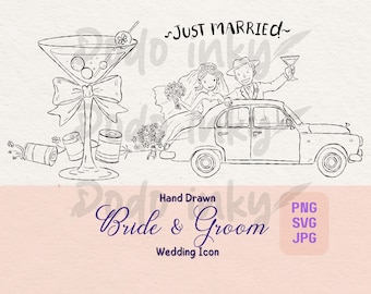 Pareja de novios en el coche SVG PNG Ilustración de invitación de boda dibujada a mano Novia y novio Copa de cóctel Icono de clipart de fiesta caprichosa