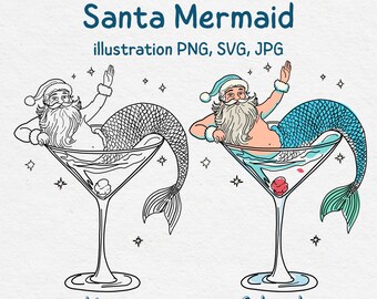Clipart SVG de Sirena de Papá Noel en Martini: Doodle navideño de Papá Noel dibujado a mano PNG, JPG, Impresión de camiseta, taza, invitación, descarga digital