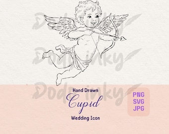 Cupido dibujado a mano SVG PNG Invitación de boda Ilustración Clipart Ángel caprichoso Querubín romántico Dibujo Icono Descarga digital