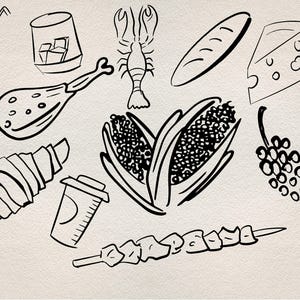 May include: A black and white illustration of various food items, including a croissant, a baguette, corn on the cob, grapes, a chicken leg, a lobster, a glass of juice, a glass of ice, and a skewer of meat.