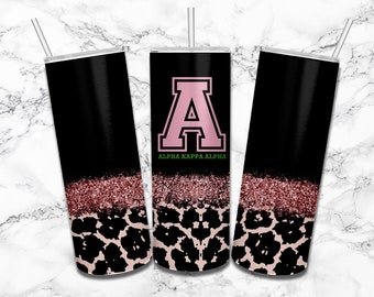 Black AKA Tumbler Wrap PNG, Pink Glitter And Leopard Fur Alpha Kappa Alpha Fraternity, Sorority 1908 Tumbler Sublimation Skinny 20oz, 30oz