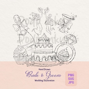 Wedding Couple Illustration: Hand-Drawn Champagne & Cake Clipart (PNG, SVG, JPEG) (Digital Download