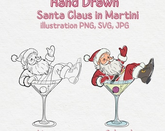 Clipart de Papá Noel en Martini: Dibujo navideño a mano (SVG, PNG, JPG)