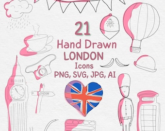 Paquete de imágenes prediseñadas de Londres: iconos dibujados a mano (PNG, SVG, AI)