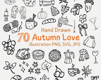 Iconos PNG de arte lineal de amor otoñal dibujados a mano, contorno de calabaza de Acción de Gracias, conjunto de ilustraciones de imágenes prediseñadas de otoño SVG, descarga digital JPG