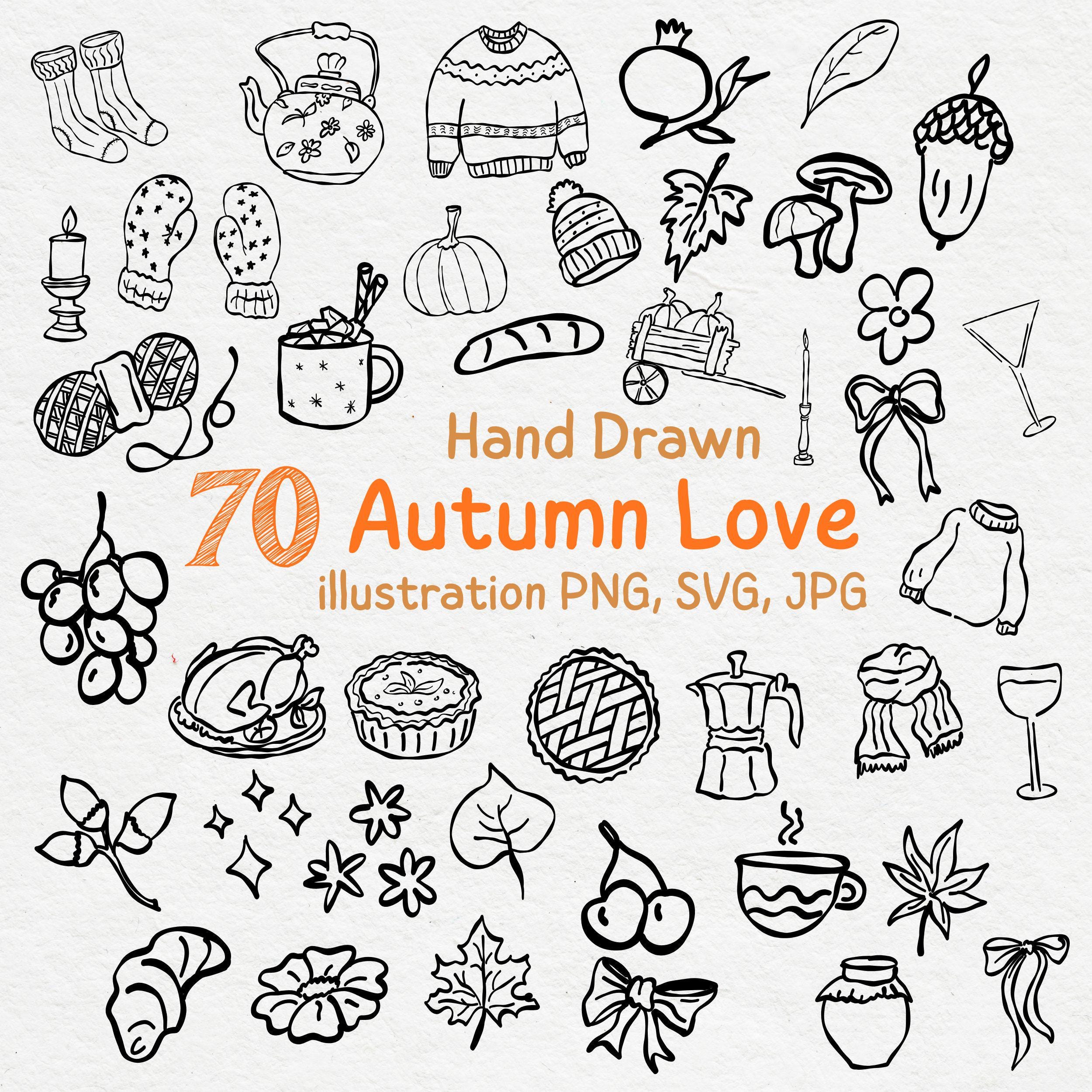 Hand Drawn Autumn Love Line Art PNG Icons Outline, Thanksgiving Pumpkin ...