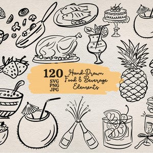 Food And Drink Illustrations, Hand Drawn Food & Beverage Doodle Icons SVG Bundle, Dining Clipart PNG Line Art Doodles, Whimsical Party Icons