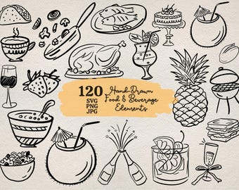 Iconos de comida y bebida en formato SVG: Paquete de imágenes prediseñadas de comida y bebida dibujadas a mano, imágenes PNG de comedor, iconos de fiesta extravagantes.