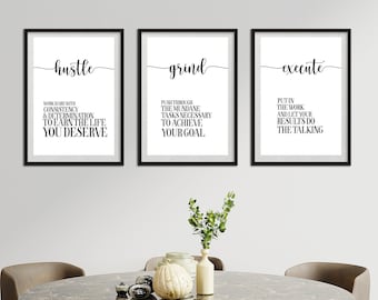Hustle, Grind Success Office Decor For Boss, 3 Piece Inspirational Wall Art For Office, Hustle SVG, Home Office Success Triptych Wall Decor