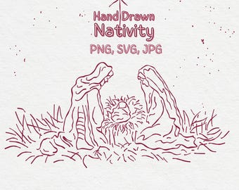 Nativity Scene Line Art: Hand-Drawn Christmas Doodle (SVG, PNG, JPEG) Digital Download
