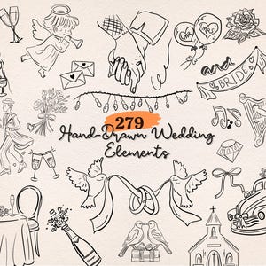 Wedding Icons SVG Bundle, Hand Drawn Wedding Clipart PNG Line Art Doodles, Whimsical Wedding Day Invitation Party Icons, Bridal Clipart Set