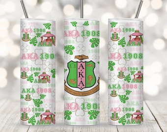 AKA 1908 Tumbler Wrap PNG, Pink And Green Alpha Kappa Alpha Fraternity, Sorority 1908 Tumbler Sublimation Skinny 20oz, Straight And Tapered