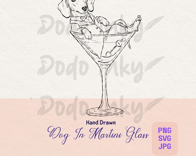 Hand Drawn Dog and Martini SVG PNG, Whimsical Dirty Martini Clipart ...