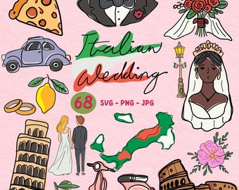 Paquete de imágenes prediseñadas de bodas italianas: conjunto de iconos de la Dolce Vita italiana dibujados a mano (PNG, SVG, JPEG) Descarga digital