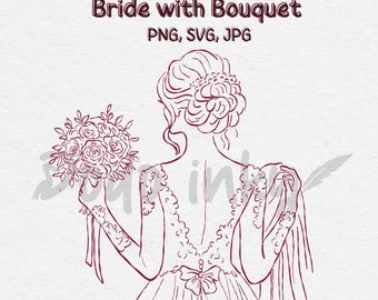 Clipart de boceto de novia con ramo: dibujo de boda a mano (SVG, PNG, JPEG) Descarga digital