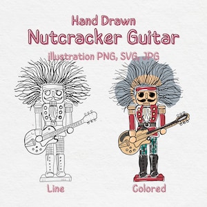 Puede incluir: Ilustración de un cascanueces tocando la guitarra. La imagen muestra un dibujo lineal y una versión coloreada. La versión coloreada presenta una chaqueta roja, botas negras y una guitarra con acabado de madera. El texto dice "Hand Drawn Nutcracker Guitar."
