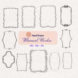 Puede incluir: Una colección de 10 diseños de bordes caprichosos dibujados a mano en tinta negra. Los bordes varían en estilo, incluyendo patrones florales, de cuerda y geométricos. La imagen también incluye el texto "50 Hand Drawn Whimsical Borders" e información del tipo de archivo.