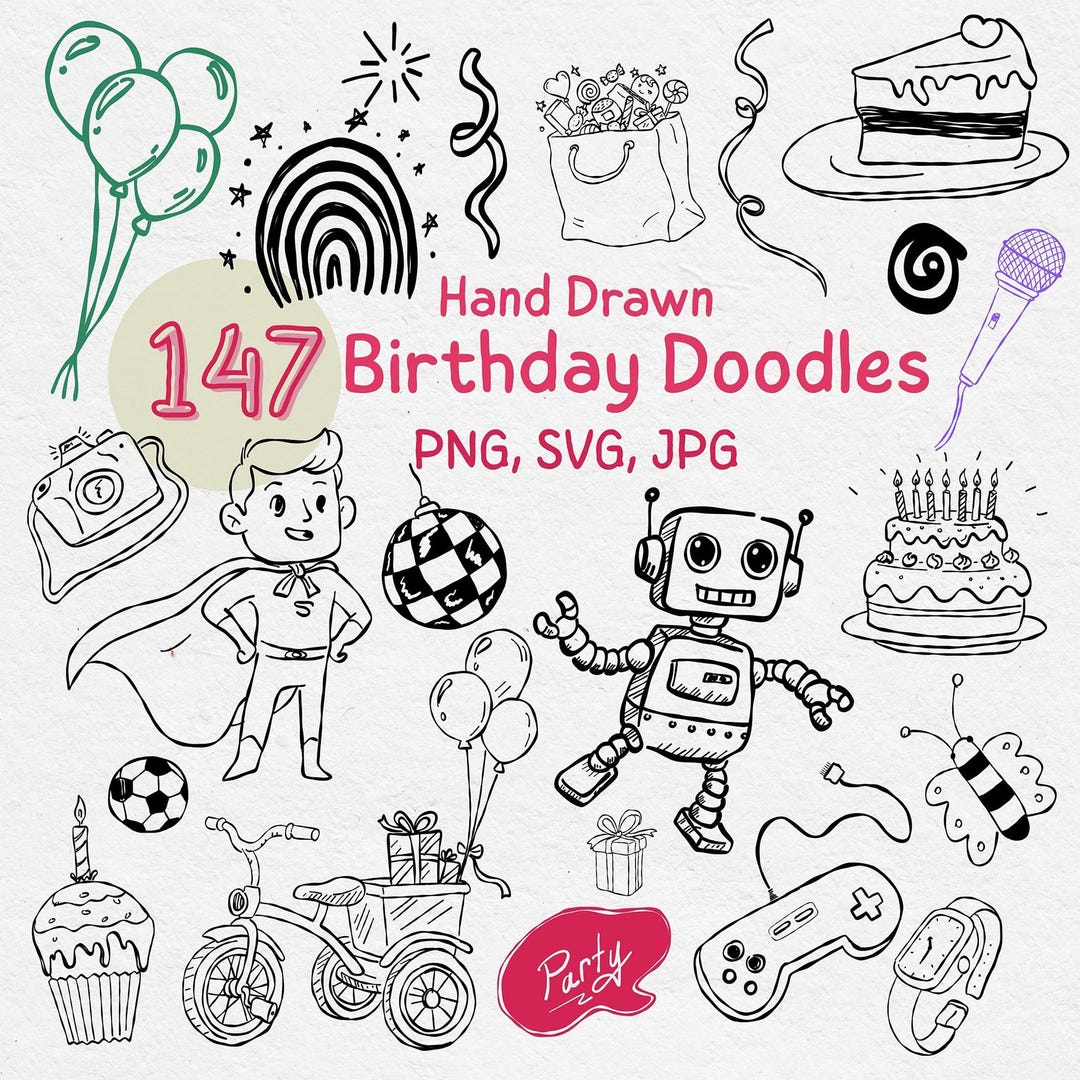 Birthday Doodle Clipart Bundle: Hand-drawn Party Icons (SVG, PNG, JPEG ...