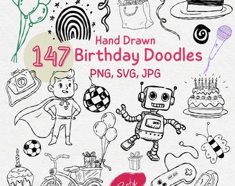 May include: Hand-drawn birthday doodles in black and white, including balloons, cake, a robot, and a superhero. The text reads "147 Birthday Doodles" and "PNG, SVG, JPG". A collection of party-themed illustrations.