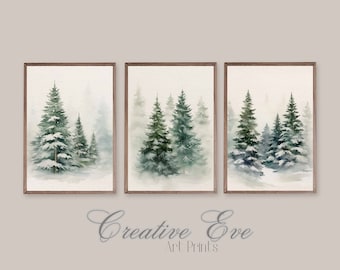 Pintura de árboles de hoja perenne nevados, pintura de acuarela, pino de Navidad, arte de pared de invierno digital, decoración del hogar, pintura de paisaje de árboles de hoja perenne