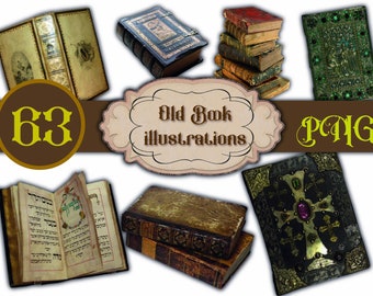 Book Cover Illustration PNG, 63 Pieces, Opened Book, Closed Book, Fussy Cut Vintage Book View, Junk Journal, Scrapbook, Smashbook