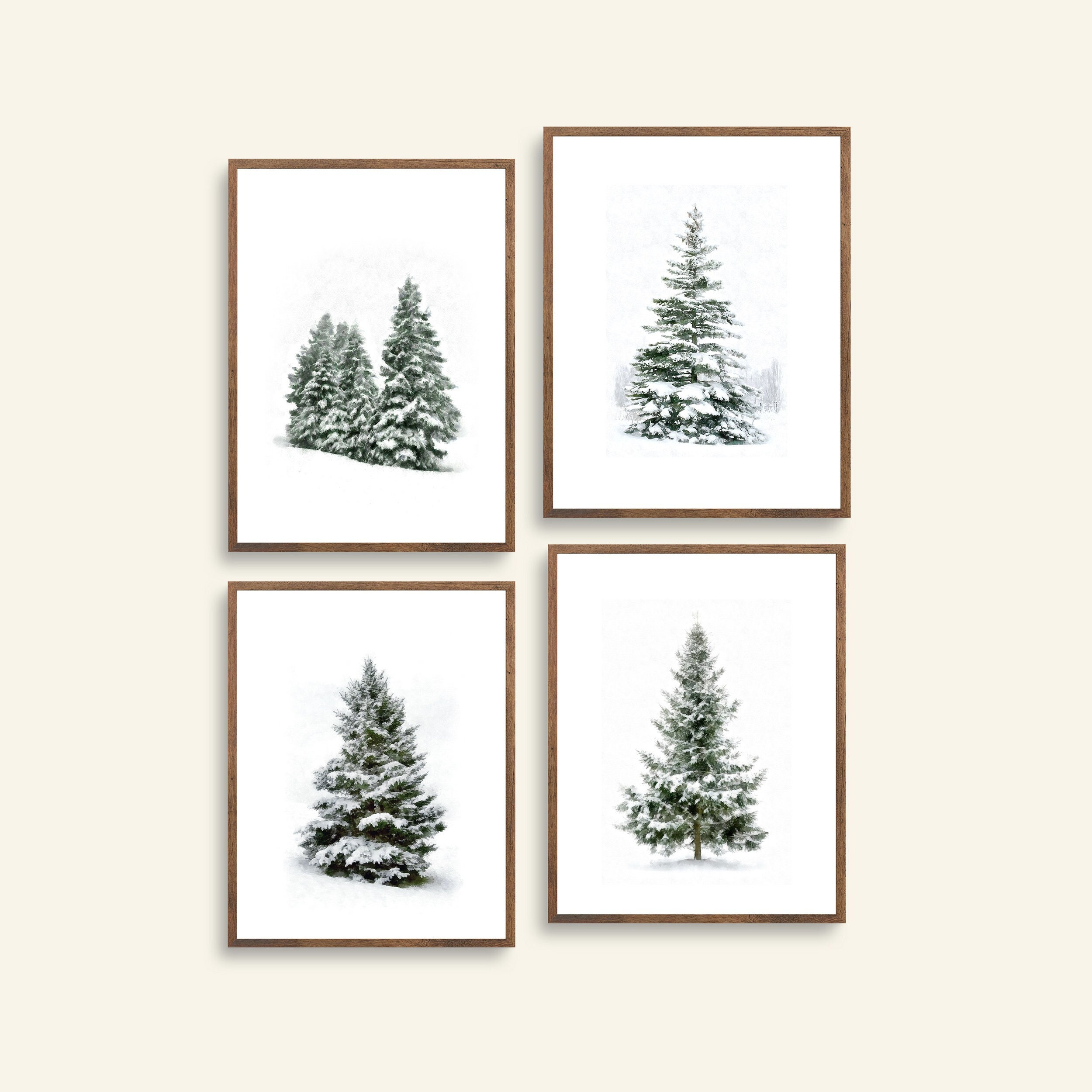 Christmas Pine Tree Prints Set of 4, Christmas Printable Snowy Tree Art ...