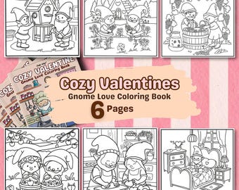 Dibujos para colorear de gnomos de San Valentín: 6 diseños acogedores dibujados a mano (Descarga digital en PDF)