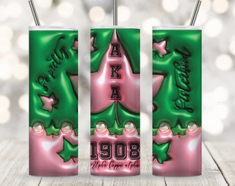3d AKA Tumbler Wrap PNG Pink And Green 3d Inflated Alpha Kappa Alpha Fraternity, Sorority 1908 Tumbler Sublimation Design Skinny 20oz, 30oz