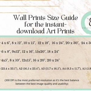May include: A size guide for instant-download art prints. The guide lists print sizes in 2:3, 3:4, 4:5, and ISO ratios, including measurements like 4x6 inches, 8x12 inches, and A1 (23.4 x 33.1 inches). The text also mentions 300 DPI for optimal image quality.