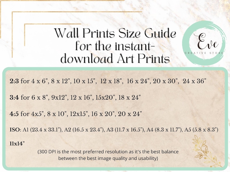 May include: A size guide for instant-download art prints. The guide lists print sizes in 2:3, 3:4, 4:5, and ISO ratios, including measurements like 4x6 inches, 8x12 inches, and A1 (23.4 x 33.1 inches). The text also mentions 300 DPI for optimal image quality.