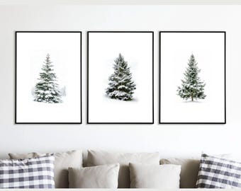 Juego de 3 impresiones de pinos navideños, arte de árbol nevado imprimible navideño, pintura de acuarela digital de pino perenne, arte de pared de invierno