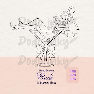 Bride in Martini Glass SVG PNG Hand Drawn Wedding Invitation Illustration Woman in Cocktail Glass Whimsical Vintage Party Clipart Icon