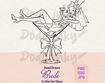 Novia en copa de Martini SVG PNG Ilustración de invitación de boda dibujada a mano Mujer en copa de cóctel Icono de clipart de fiesta vintage caprichoso