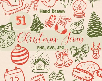 Conjunto de imágenes prediseñadas navideñas festivas: decoración navideña invernal caprichosa dibujada a mano (SVG, PNG, paquete de iconos AI) Descarga digital