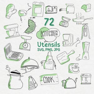 Kitchen Utensils Doodle Clipart: 72 Hand-Drawn Icons (SVG, PNG, JPG)