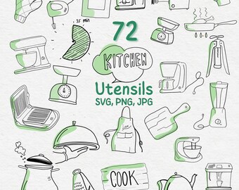 Utensilios de cocina: 72 iconos dibujados a mano (SVG, PNG, JPG)