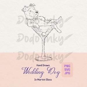 Cute Wedding Dog in Martini Glass SVG PNG Hand Drawn Invitation Illustration Puppy in Cocktail Glass Whimsical Party Clipart Icon Download
