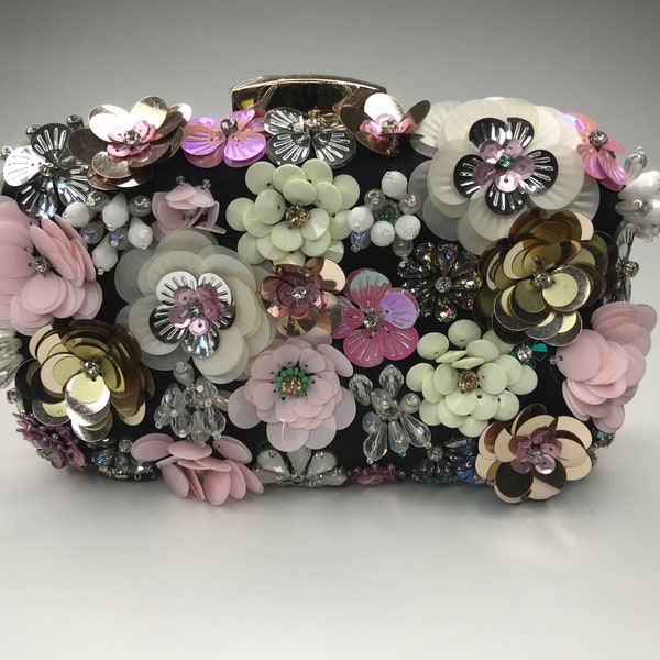 Flower Black Clutch Bags Women Party Purse Evening Bags  Formal Party Dinner Rhinestone Handbags Crystal