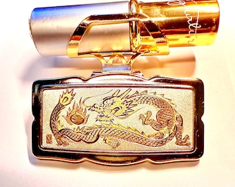 Estuche para lápiz labial vintage Chokin Art de Japón, 60 x 30 mm, 18 mm de grosor, con dragón grabado en espejo, circa 1980, envío gratis