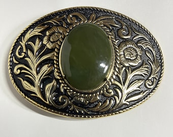 Vintage 4 "x 2-3/4" riemgesp gemaakt in de VS met gelegeerd metaal 14K zwaar verguld set met groene nefriet jade niet behandeld Gratis verzending