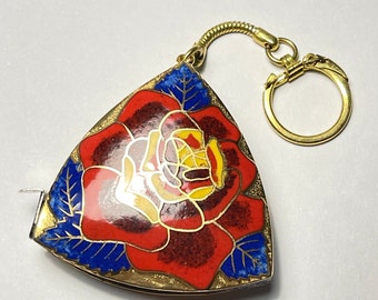 Vintage Cloisonne Rose motif 36" tape measure with Key Chain 50 mm wide and height 10 mm thick from China circa 1970 Free shipping