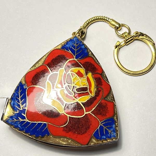 Vintage Cloisonne Rose motif 36" tape measure with Key Chain 50 mm wide and height 10 mm thick from China circa 1970