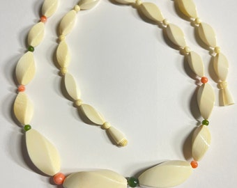 Vintage white coral 35x15 mm largest carved beads 24" necklace with jade & coral beads circa 1970. Free shipping