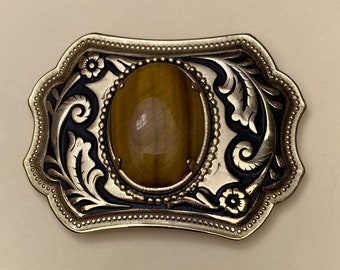 Vintage 14K gold plated heavy alloy belt buckle 3-3/4" W"  2-1/2" H made with heavy metal alloy, set with beautiful polished tiger eye stone