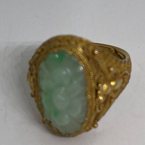 Antique carved Burma jade not treated carvings are lightly different mounted on sterling silver ring adjustable size 14K gold plated