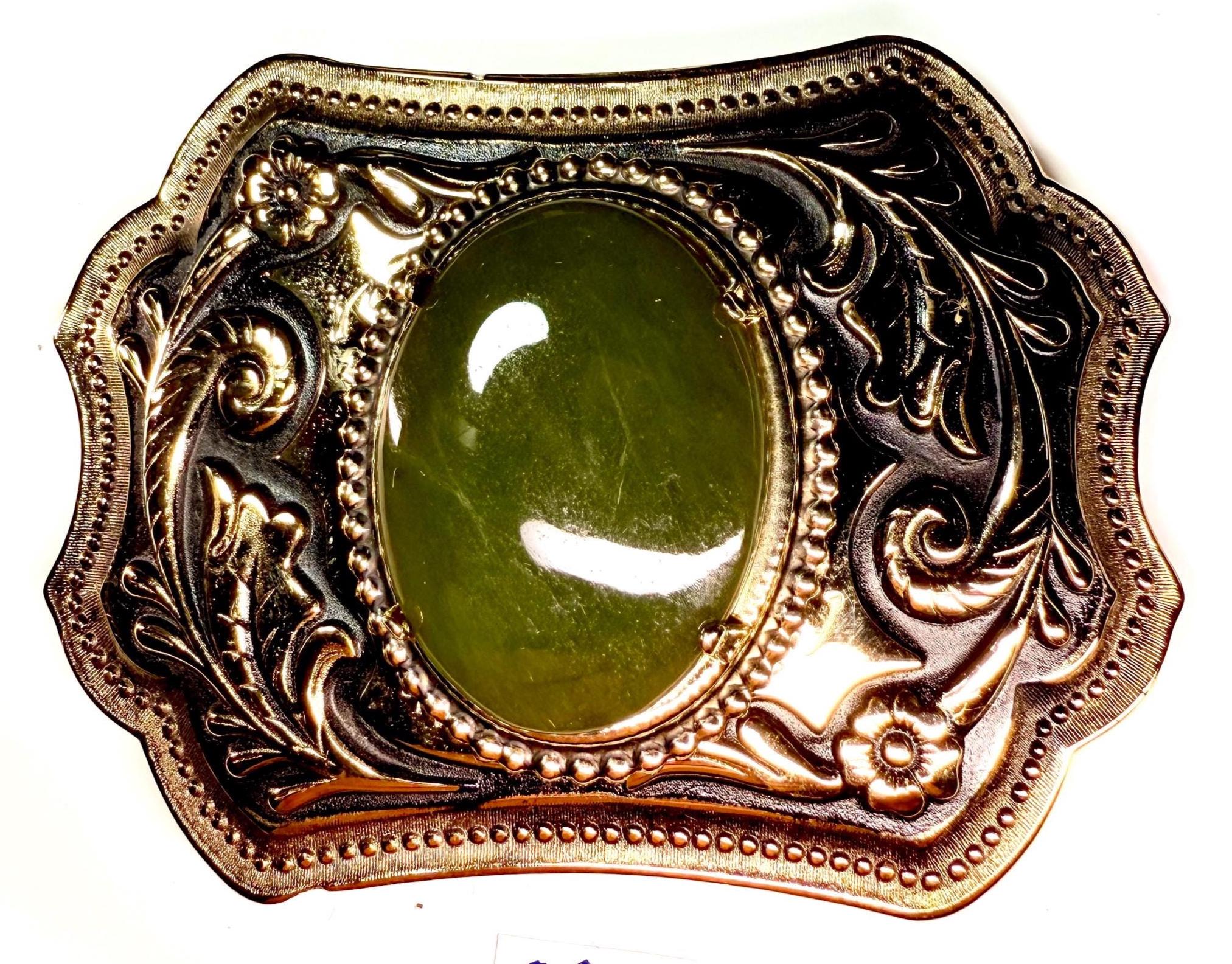 ? Large Antique Jade Belt Buckle Antique Chinese Gilt Metal Jadeite Jade and Rose Pink Quartz  main image 3